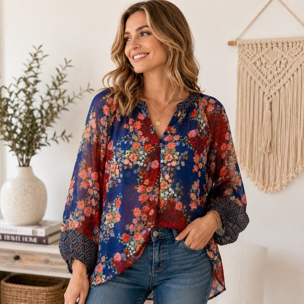Anthropologie Fig & Flower Floral Sheer Boho Blouse Medium Blue Red Peasant Top - Picture 11 of 11